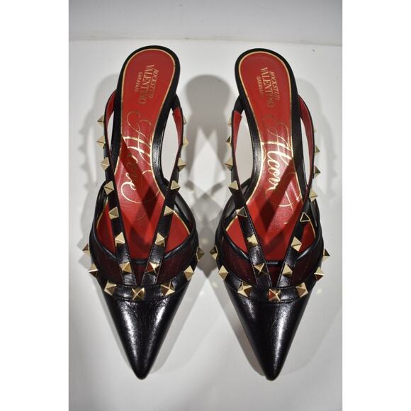 Valentino Rockstud Black Mule Mesh Classic Pointed Backless Sandal Heel Pump 36 - Picture 6 of 11